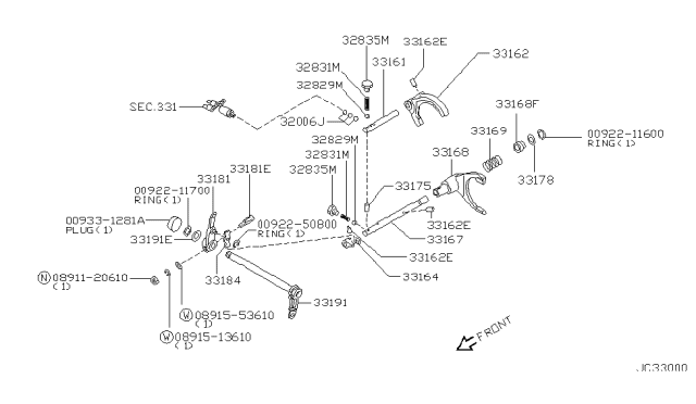1998 Nissan Frontier Transfer Shift Lever,Fork & Control Diagram