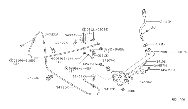 1998 Nissan Frontier Control Cable Assembly Diagram for 34935-3S510