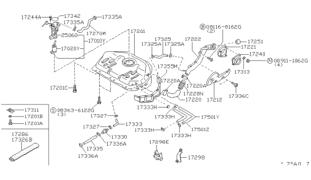 1986 Nissan Maxima Fuel Tank Assembly Diagram for A7202-08E10