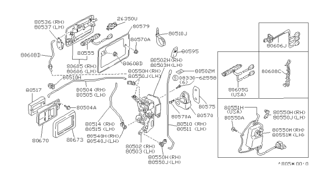 1988 Nissan Maxima Front Door Outside Handle Assembly, Left Diagram for 80605-42E03
