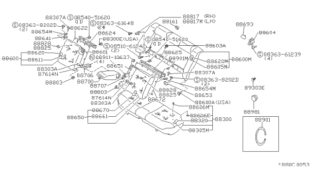 1988 Nissan Maxima Rear Seat Armrest Assembly Diagram for 88700-38E00